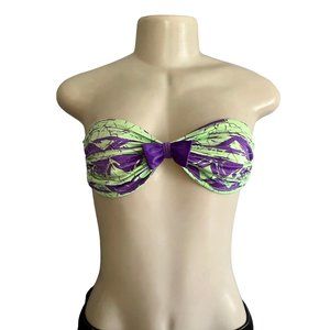 Vintage 80s Strapless Bikini Top by Rik Rik size S in Neon Green & Purple Retro